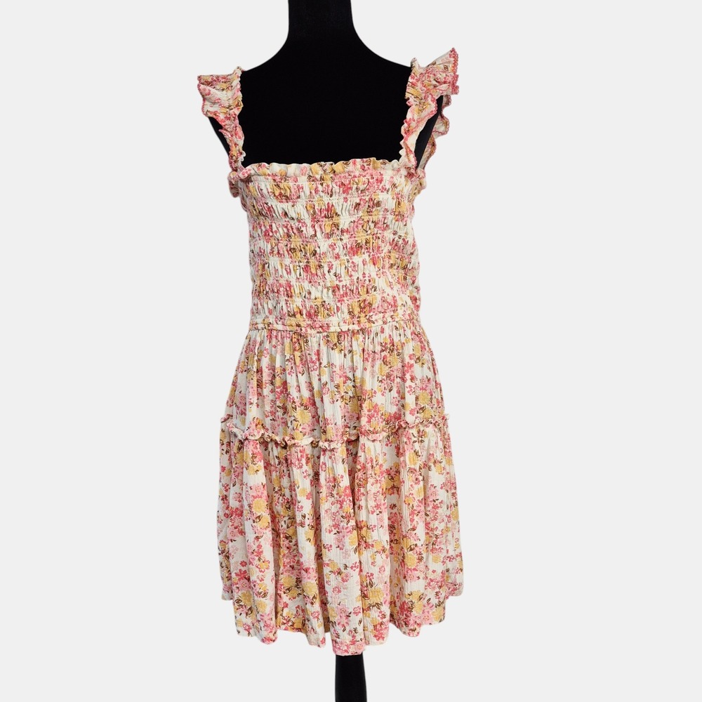 Aerie XL Pink Floral Smocked Ruffle Mini Dress Tiered Sleeveless Cottagecore